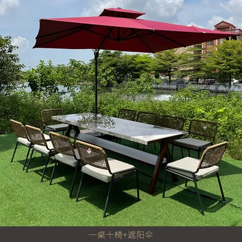 Плетеные столы и стулья для отдыха на открытом воздухе из ротанга, садовый дворик, мраморный чайный столик, водонепроницаемые солнцезащитные стулья