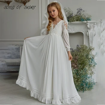 White Illusion V-neck Flower Girl Dresses Elegant Long Sleeves Lace Applique Birthday Party Children Gown платье для девочки
