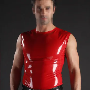 Красная мужская латексная футболка, круглый резиновый топ без рукавов, костюм ручной работы