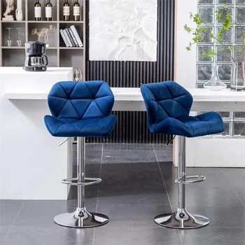 Roundhill Furniture Breni Velvet, вращающийся барный стул с ромбовидным хохолком, регулируемая высота, набор из 2 предметов, синий, Хромированная отделка