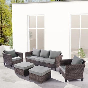 5 Предметов, секционный диван для патио на открытом воздухе, набор плетеной мебели из черного полиэтилена, Набор для разговора во внутреннем дворике
