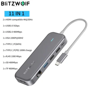 BlitzWolf 11 в 1 USB C КОНЦЕНТРАТОР USB-C док-станция с 4K @ 30Hz HD VGA RJ45 1000 Мбит/с USB3.0 PD 100 Вт 480 Мбит/с Слот для чтения карт памяти