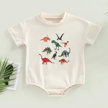 Комбинезон для маленьких девочек и мальчиков с принтом динозавра, короткий рукав, круглый вырез, комбинезоны, Летние боди для новорожденных