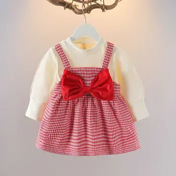 Комплект Одежды для малышей, весенне-осенняя одежда, комплект одежды для девочек, модное клетчатое платье Принцессы с бантом, Детское платье