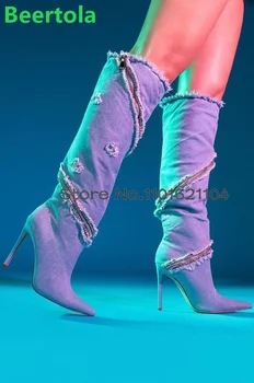 Женские Длинные Сапоги на молнии из синей джинсовой ткани 2023 г., Пикантная Элегантная Обувь для Девочек на тонком Высоком Каблуке с острым носком до колена