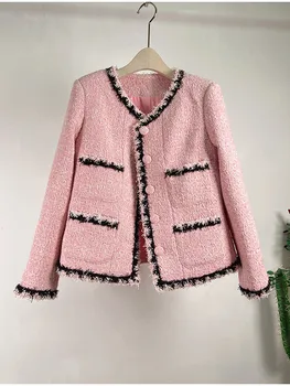 Роскошная дизайнерская короткая куртка из розовой твидовой шерсти с небольшим ароматом, Пальто Осень-зима, Женская однобортная верхняя одежда в стиле пэчворк, Женская