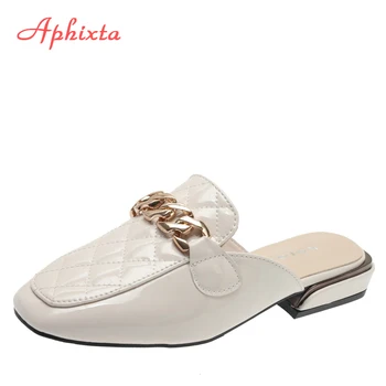 Aphixta /Новинка 2022 года; Женские шлепанцы из лакированной кожи с сеткой; обувь с квадратным носком на цепочке; Классическая обувь; Тапочки больших размеров 42-43;