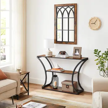 Стол с изогнутыми рамами и 2 открытыми полками, для прихожей в гостиную, коричневый + черный в деревенском стиле, 11,8 X 47,2 x 31,5 дюйма