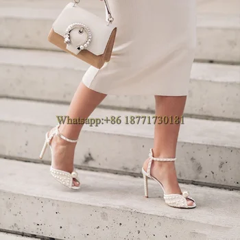Женские босоножки на шпильке с открытым носком и жемчугом, лето 2022, Белые свадебные туфли на низком каблуке с пряжкой, Модная женская обувь на высоком каблуке