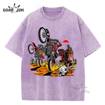Мотоциклетная футболка с графическим рисунком, Мужские Выстиранные футболки с принтом Байка, Мужские Футболки с негабаритными хлопковыми футболками с коротким рукавом, Мужская одежда