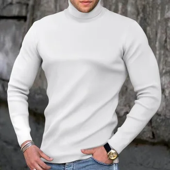 Мужской однотонный пуловер с высоким воротом и длинным рукавом Весна-Осень-зима, трикотаж с эластичным Низом