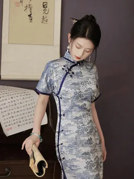 Улучшенное Винтажное Платье Cheongsam с Высоким Разрезом, Элегантное Тонкое Длинное Ципао с Коротким Рукавом В Традиционном китайском Стиле