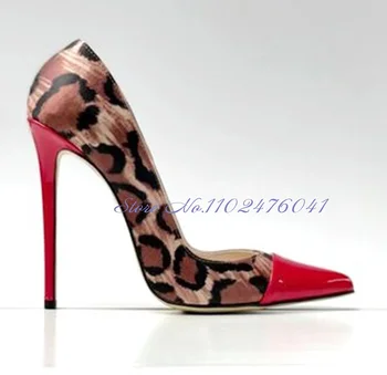 Женские Красные Свадебные туфли из лакированной кожи на Высоком Каблуке, Пикантные Леопардовые свадебные туфли в стиле пэчворк, 12 см, 10 см, 8 см, Модельные туфли-лодочки на шпильке, Размер 45