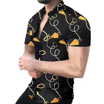 Мужская рубашка Праздничное платье для Мускулистой вечеринки с принтом из полиэстера, Обычный короткий рукав, Приталенный летний воротник-стойка на пуговицах