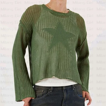 Y2K Мужской свитер Harajuku, Открытые Вязаные Пуловеры с круглым вырезом, Осенний Винтажный топ в стиле Гранж с изображением звезды, Модный Свитер-Халат, женский
