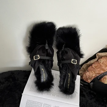 Женские Тапочки и сандалии, черные стринги из искусственного меха на высоком каблуке, Сексуальная Женская обувь с заколкой на низком каблуке-шпильке Sandalia Feminina