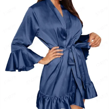 Женское Атласное Шелковое Кимоно, Халат с рюшами на рукавах, Однотонная Ночная рубашка с Поясом, Сексуальное Женское Белье, Халат XXXL-M