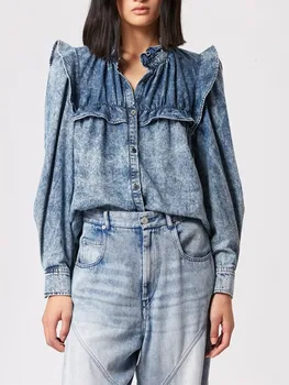 Женская джинсовая рубашка с воротником-стойкой, Весна 2023, оборки, Летящий рукав, 100% Хлопок, Однобортная женская блузка в стиле ретро