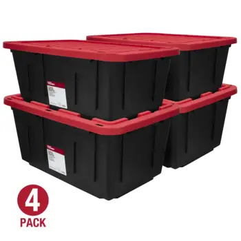 Пластиковый контейнер для хранения Hyper Tough объемом 27 галлонов с защелкивающейся крышкой, Черное основание / красная крышка, Набор из 4 предметов