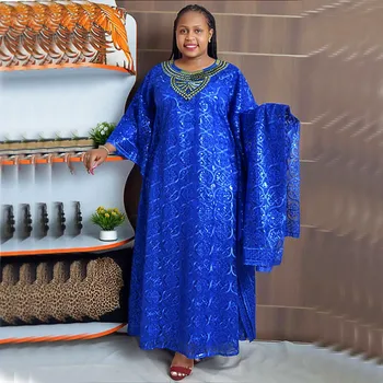 Африканские Кружевные платья для женщин 2023, Новая Элегантная мусульманская Мода, Абайя, Халат Дашики, Кафтан, Длинное платье Макси с платком