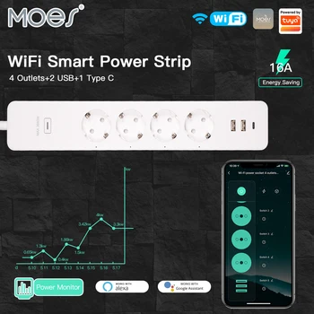 MOES WiFi EU Tuya Smart Power Strip Сетевой Фильтр 4 Штекерная Розетка для монитора Питания с 2 USB 1 Type C APP ControlVoice Control