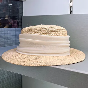 Соломенная шляпа из натуральной рафии с большой лентой, шляпы-канотье для женщин, летняя солнцезащитная шляпа с короткими полями, Дерби, Свадебная церковная фетровая шляпа