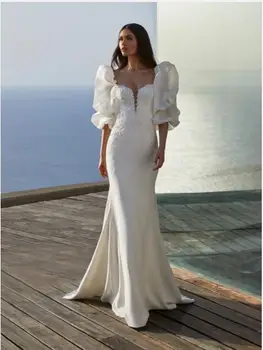 Verngo Скромное Шелковое свадебное платье Русалки с пышными длинными рукавами и кружевной аппликацией в виде сердечка, Свадебные платья со шлейфом, Vestido de noiva