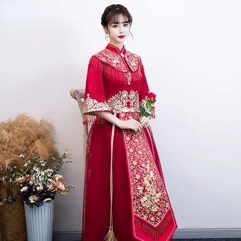 Свадебное платье Невесты В традиционном китайском стиле Ципао с бахромой Для тостов Для Невесты, платье Чонсам, Вечернее платье с воротником Мандарина