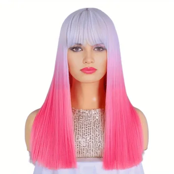 Длинные прямые розовые парики BCHR с челкой для женщин, модные парики из синтетических термостойких волокон