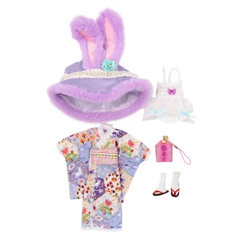 DBS Blythe/ Одежда для маленькой тряпичной куклы, фиолетовый комплект кимоно с кроликом и розовым рисунком ob24, Lijia 19, детская одежда, аксессуары для кукол для девочек