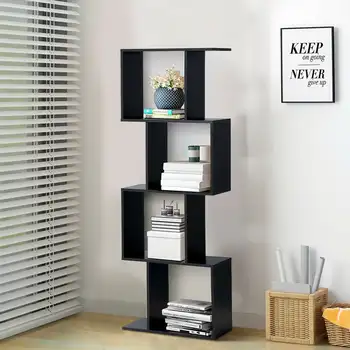 4-уровневый Отдельно стоящий стеллаж для хранения Gymax, S-образный книжный шкаф, Деревянный декор для дисплея, черный
