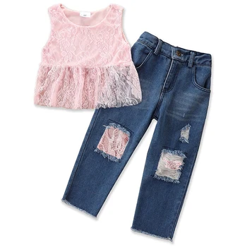babzapleume/ Летняя одежда из Бутика для маленьких девочек, Модная Кружевная розовая футболка без рукавов + Джинсы с дырками, Комплект детской одежды BC2042-1
