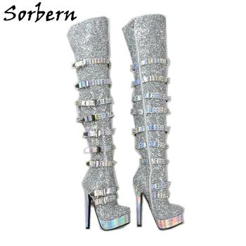 Женские ботинки Sorbern с серебристым блеском и голографическими ремешками, Блестящие туфли на высоком каблуке-шпильке, Платформа с острым носком, фетиш-каблуки