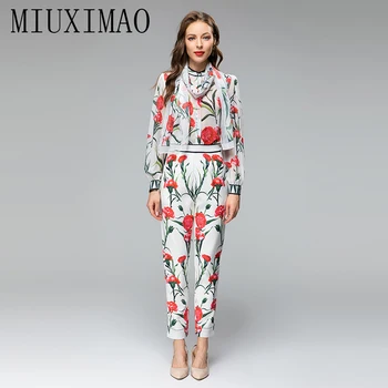 MIUXIMAO 2023, Весенне-летний Элегантный комплект, Рубашка с Длинным рукавом и цветочным принтом + Брюки, Модный Женский комплект из двух предметов, Vestide