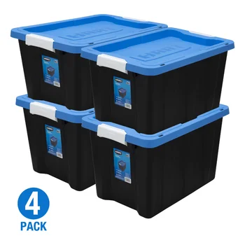 12-галлонный пластиковый ящик для хранения с защелкой, черное основание/ синяя крышка, набор из 4