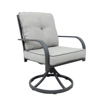 Вращающееся кресло для патио из литого алюминия на открытом воздухе с подушкой - Набор из 2 предметов (матовая черная рама и бежевая подушка) из черного алюминия