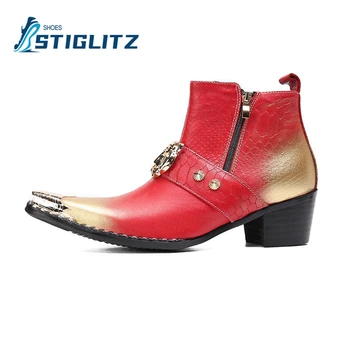Обувь золотой красный градиент змея сапоги металлическим носком квадратный каблук лодыжки ботинки мужские Челси парикмахерская мага мокасины мужская Повседневная обувь