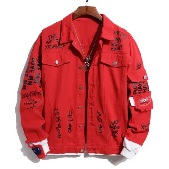 Индивидуальность Мужская Красная джинсовая куртка с буквенным принтом в стиле пэчворк, Свободная джинсовая куртка с лацканами цвета горькой розы