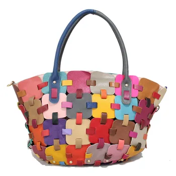 Модная сумка-тоут, красочная женская сумка из натуральной кожи ручной работы в стиле пэчворк