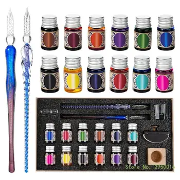 Стеклянная ручка и 12 бутылок красочных чернил, набор для начинающих каллиграфов, дип-ручки для рисования, Подарочная открытка, набор радужных кристаллов