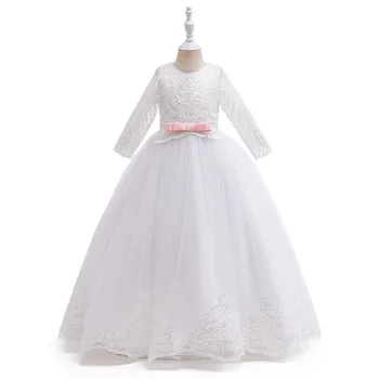Белое кружевное платье с коротким рукавом для девочек, платье Принцессы для Первого причастия, Тюлевые Детские платья с бантом для девочек, Длинное платье для девочек, платье для девочек