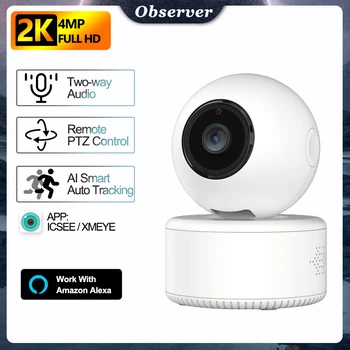 Observer 4-мегапиксельная WiFi камера с автоматическим отслеживанием видеоняни и радионяни ночного видения, IP-камера безопасности PTZ для помещений, система видеонаблюдения Alexa
