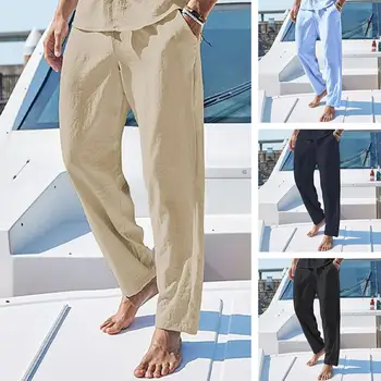 Брюки с прямыми штанинами, брюки на шнурках, мягкие дышащие мужские брюки с эластичным поясом и карманами, простой стиль, тонкие брюки средней длины для повседневной носки