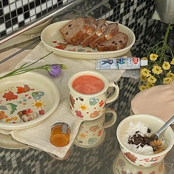 Сад грибов в корейском стиле, милая иллюстрация маленькой масляной живописи Кремового цвета, Керамическая тарелка для завтрака, Кофейная чашка, миска для хлопьев, набор