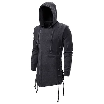 Мужская темно-черная свободная куртка с капюшоном средней длины, готический приталенный свитер, Готический свитер на шнуровке сбоку, 2023 Новый Harajuku