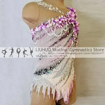 Трико для художественной гимнастики Фиолетовые имитирующие цветы, украшенные бриллиантами и жемчугом, для соревнований