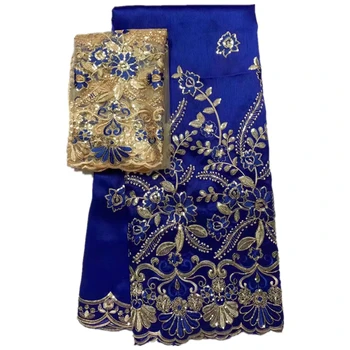 Кружевная ткань George в африканском стиле с блестками, королевский синий, Шелковый материал с фатиновой блузкой для свадебного платья, 5 + 2 ярда