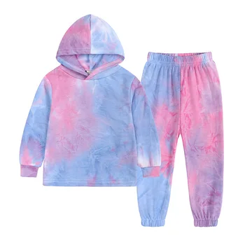 Комплект из 2 предметов, пуловер с галстуком-краской для девочек, толстовка с капюшоном, Одежда для отдыха, спортивные штаны