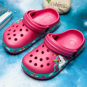 Летние Пляжные сабо для сада, Детская обувь Унисекс на плоской подошве из ЭВА с мультяшным рисунком для мальчиков и девочек, Однотонная обувь с животным принтом