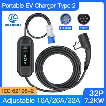 Мобильное зарядное устройство EV 32A 7,2 кВт Тип 2 IEC 62196-2 Зарядка Для Электромобиля Hybrid PHEV Car CEE Blue Вилка Питания Полной длины 5 М